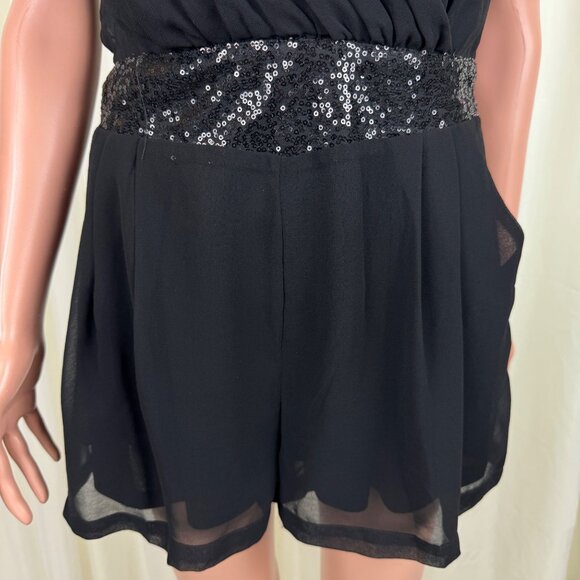 Women's TCEC Sequins Accent Ruched Shirred Chiffon Romper Size Medium Black - Picture 11 of 12